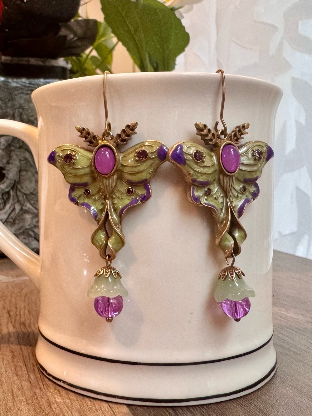 Elegant Victorian Moth Butterfly Enamel Earring Romantic Vintage Style 2.75”